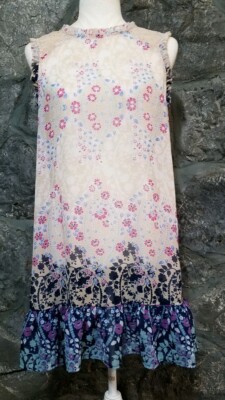 Large City Triangle Dress Tunic Floral Blue Pink Beige Sleeveless Keyhole Sheer