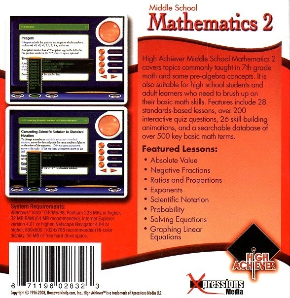 High Achiever Middle School Mathematics 2 (Grade 7) CD-ROM -NEW in RETAIL SLEEVE - Image 2 of 2