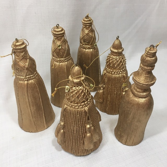 Christmas Ornament GOLD TASSELS 6" Set of SIX 6 Sculpted Painted Hard