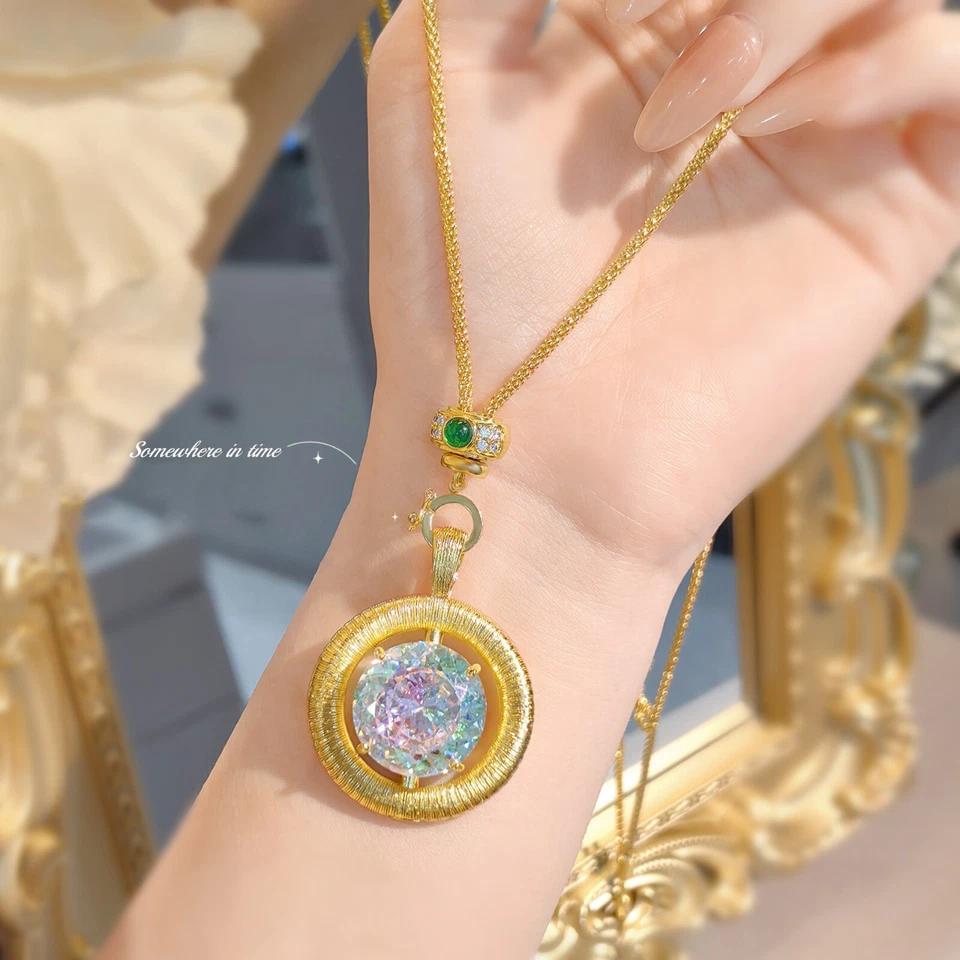 New italian Double Inlay Rainbow Mystic Topaz Gemstone Charm Women Gold Necklace - Image 2 of 4