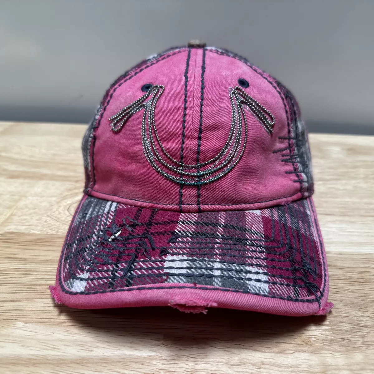 Vintage True Religion Baseball Hat Distressed Cap Snap Back Trucker Plaid Pink