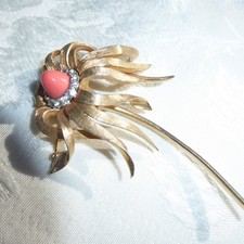 BEAUTIFUL VINTAGE MARCEL BOUCHER GOLD TONE FLOWER RHINESTONE FAUX CORAL BROOCH