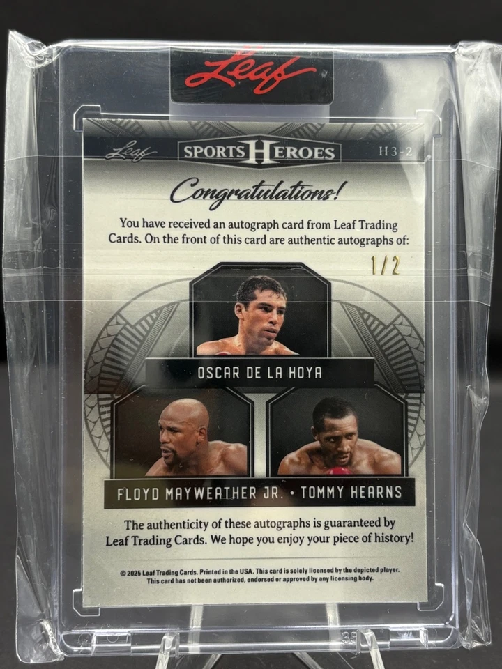 🧊 2025 Leaf Sports Heroes De La Hoya/Mayweather/Hearns Triple Auto 1/2 Boxing - Image 2 of 2