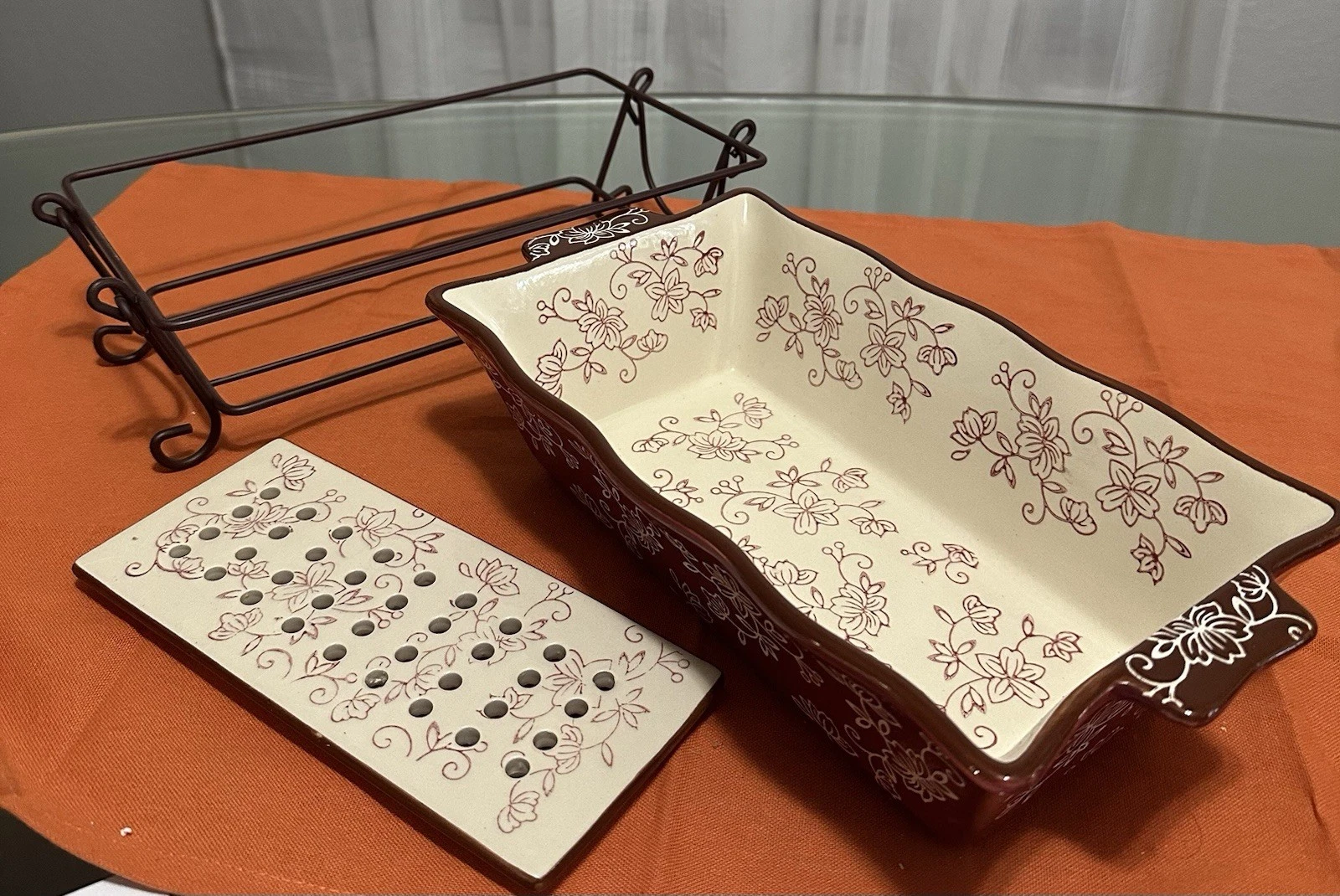 Floral Lace Temptations Ceramic Loaf Pan w/drip Tray & Metal Stand 11.25”X6”