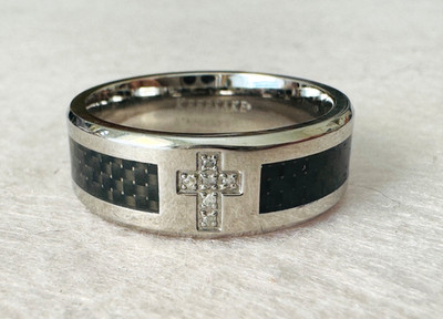 Keepsake Stainless Steel Melee Diamond Cross Wedding Band Ring Size 12.25