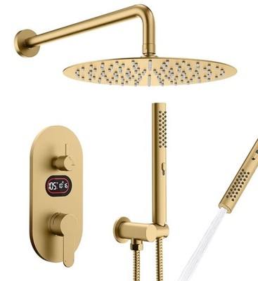 Longriver Brushed Gold Shower Faucet Set 10'' Rain Head Hydro Power Temp Display