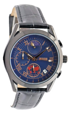 SKM - HERRENUHR - CHRONOGRAPH - DATUM - TAG /NACHT ANZEIGE - LEDER - BLAU - 42MM