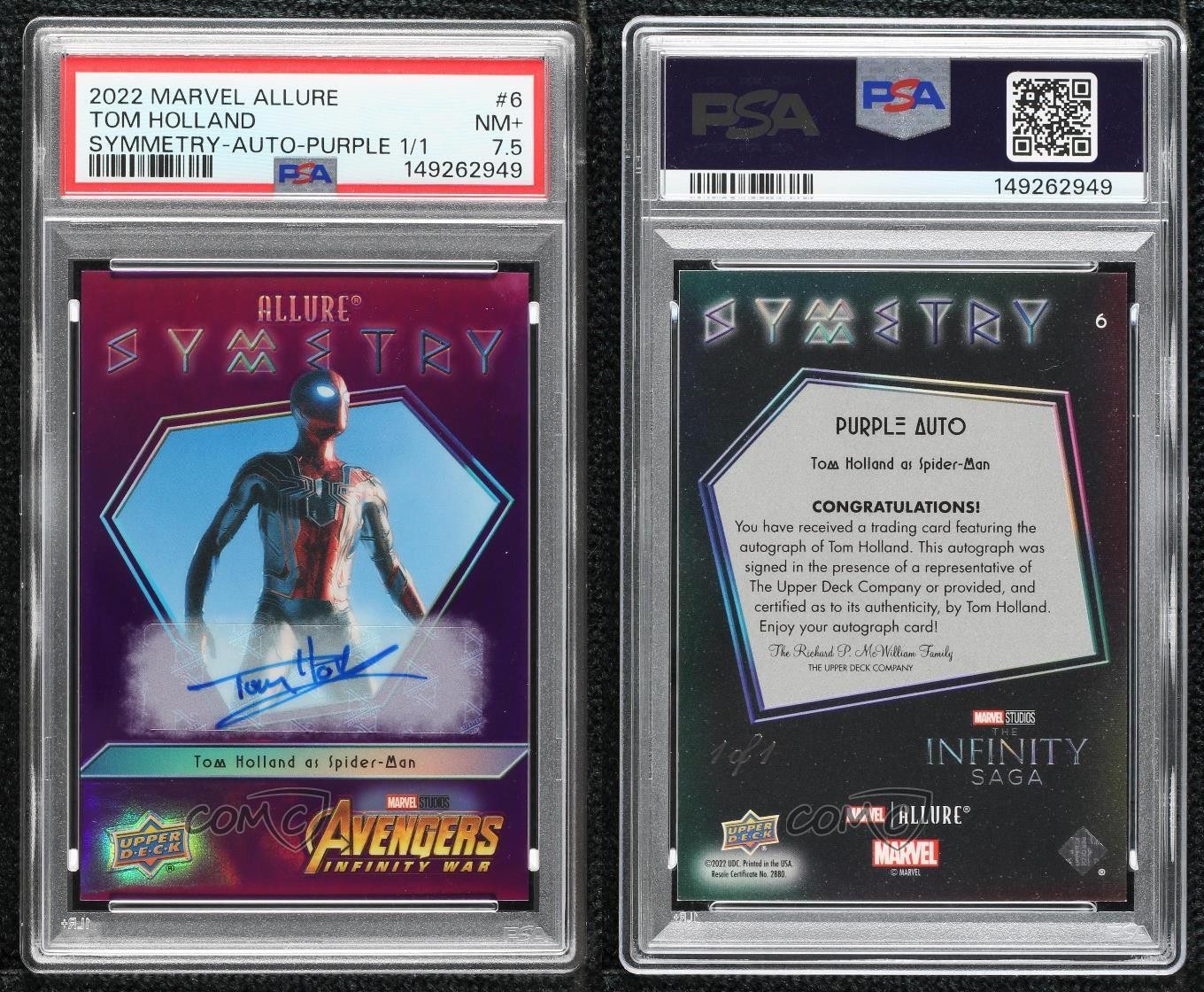 2022 Marvel Allure Symmetry Purple 1/1 Tom Holland as Spider-Man #6 PSA 7.5 Auto view 3