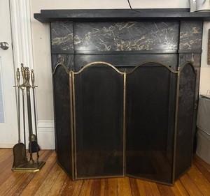 Vintage Arch French Brass Folding Fireplace Screen Black Mesh 4 Panels