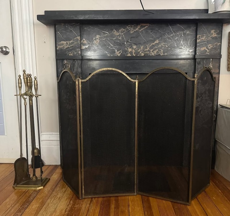 Vintage Arch French Brass Folding Fireplace Screen Black Mesh 4 Panels