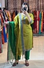 Cotton Silk Green Kurti Pant with Dupatta Set Indian Women Designer Kurta Set