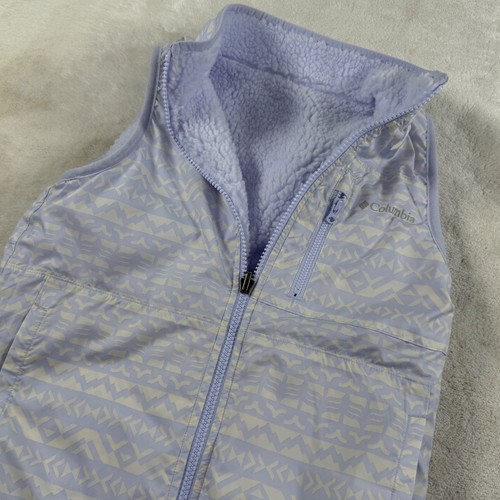 Columbia Girls Reversible Fleece Vest Purple White Geometric Print Size S 8