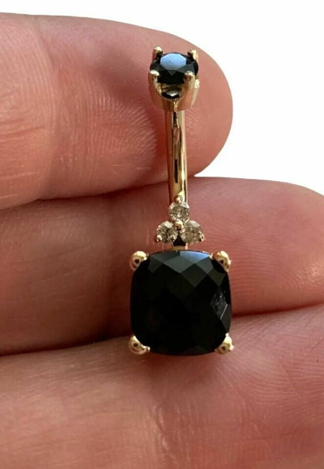 1.5Ct Cushion Lab Created Black Diamond Belly Button Ring 14K Yellow Gold Finish