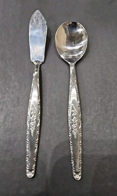 T&B Stylecraft Sugar Spoon & Butter Knife Japan Vintage Single Rose Stainless
