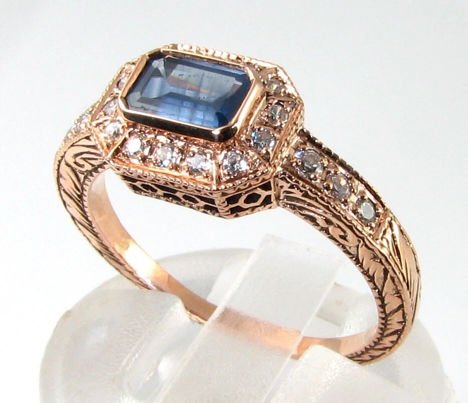 Anillo Halo De Zafiro Rectangular 9K Oro Rosa Y Diamante Cluster Talla Libre