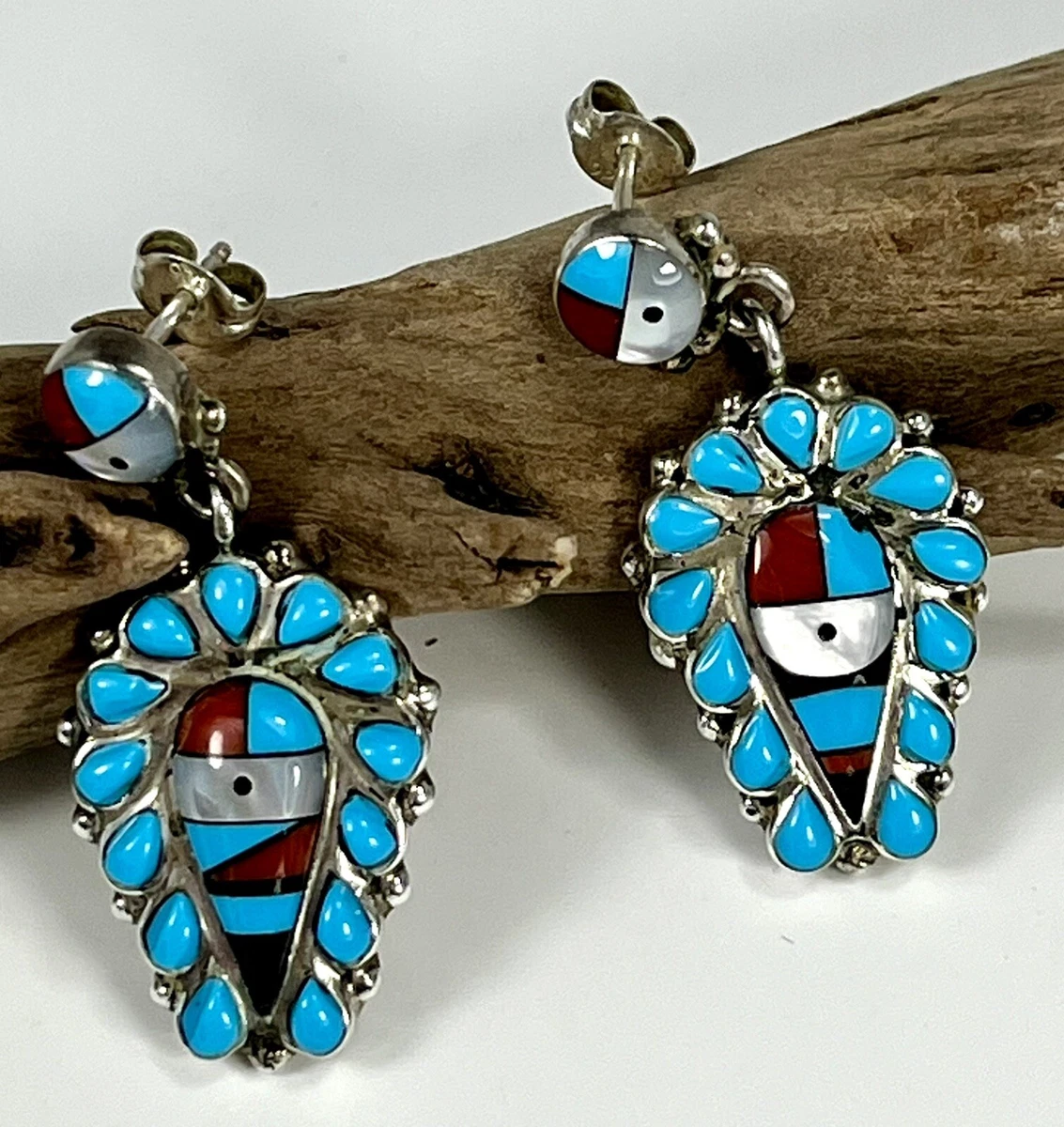 Vintage Michael R Rogers Paiute Sterling Silver Turquoise Coral Earrings