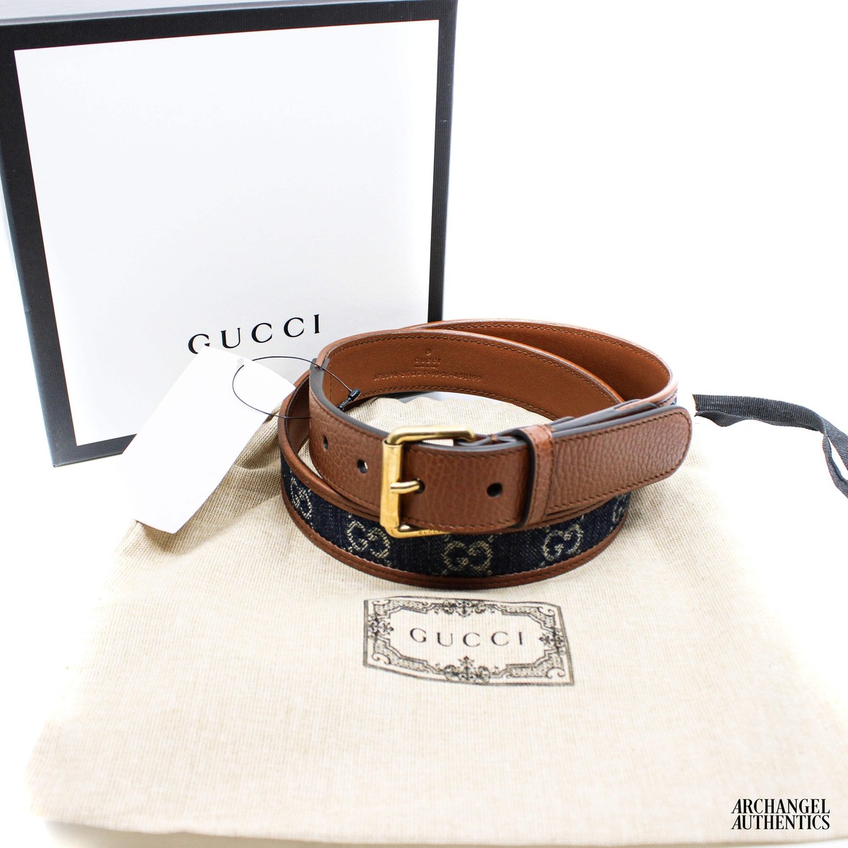 Gucci GG Monogram Denim & Leather Belt 678694 2KQGT Navy