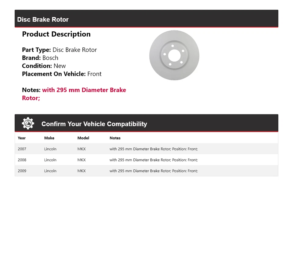 Rotor de freno de disco delantero 2008 para Lincoln MKX 2007-2009 Bosch QuietCast Foto 2 de 4