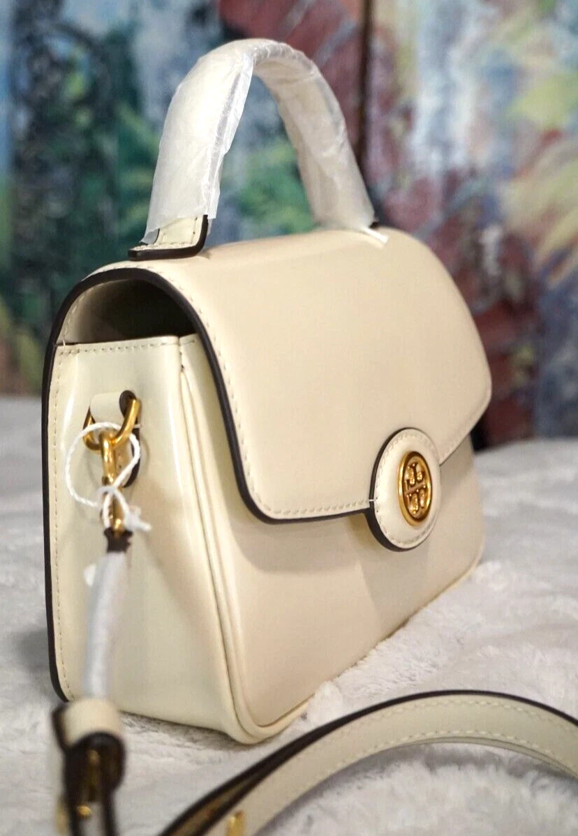 Borsa piccola Robinson Spazzolato in pelle con manico superiore nuova con etichette TORY BURCH CREMA CHIARO oro