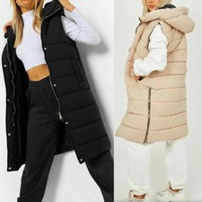 Womens Ladies Long Line Hooded Puffer Gilet Jacket Padded Vest Top Body Warmer