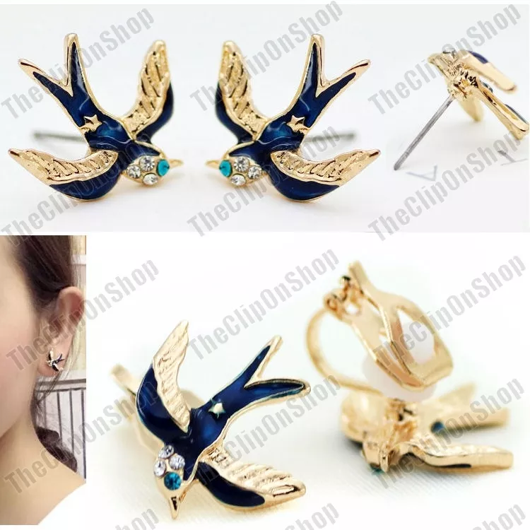 CLIP ON crystal BIRD EARRINGS blue enamel GOLD FASHION studs clips SWALLOW birds