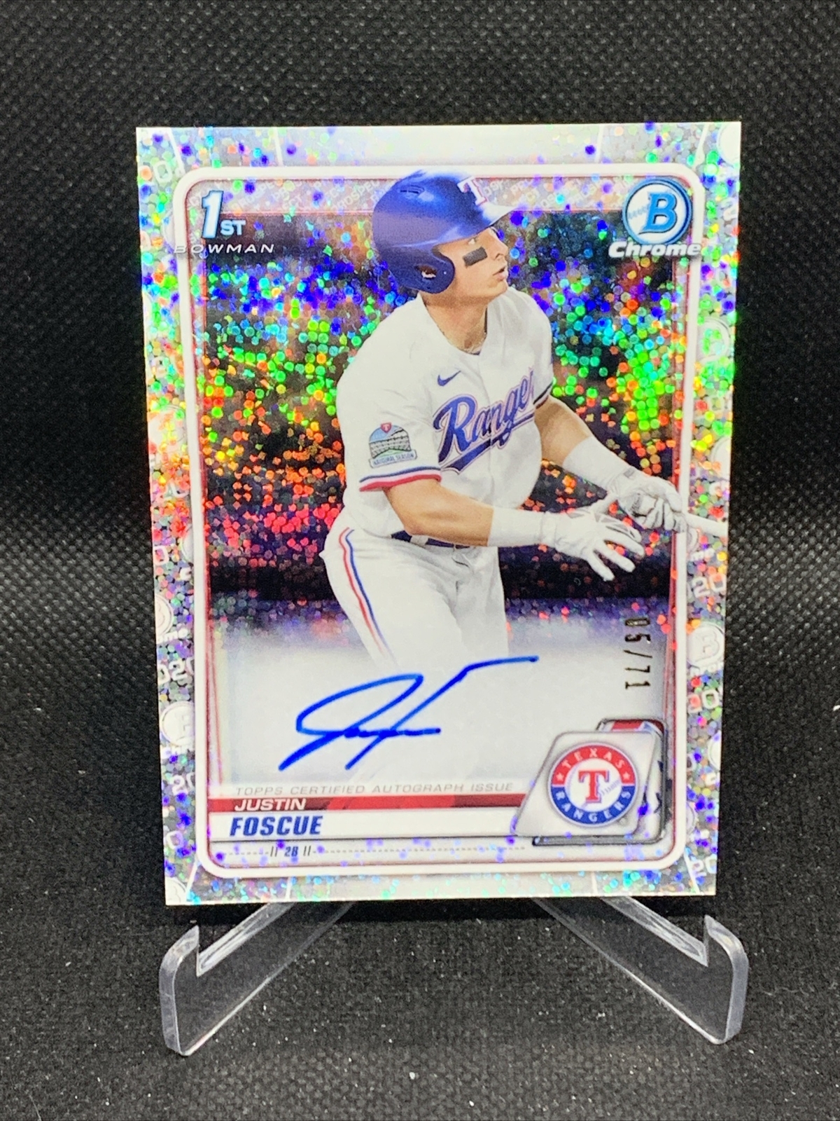 JUSTIN FOSCUE 2020 BOWMAN DRAFT CHROME 1ST SPARKLE REFRACTOR AUTO /71 RANGERS RC