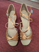 Grand Prix Dance Ballroom Shoes Cha Cha 2.5" Heel Tan Satin Open Toe New