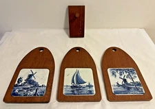 Set of 3 Vintage Wood & Delft Blue Tile Trivet Cheese Boards Germany Holland 10"