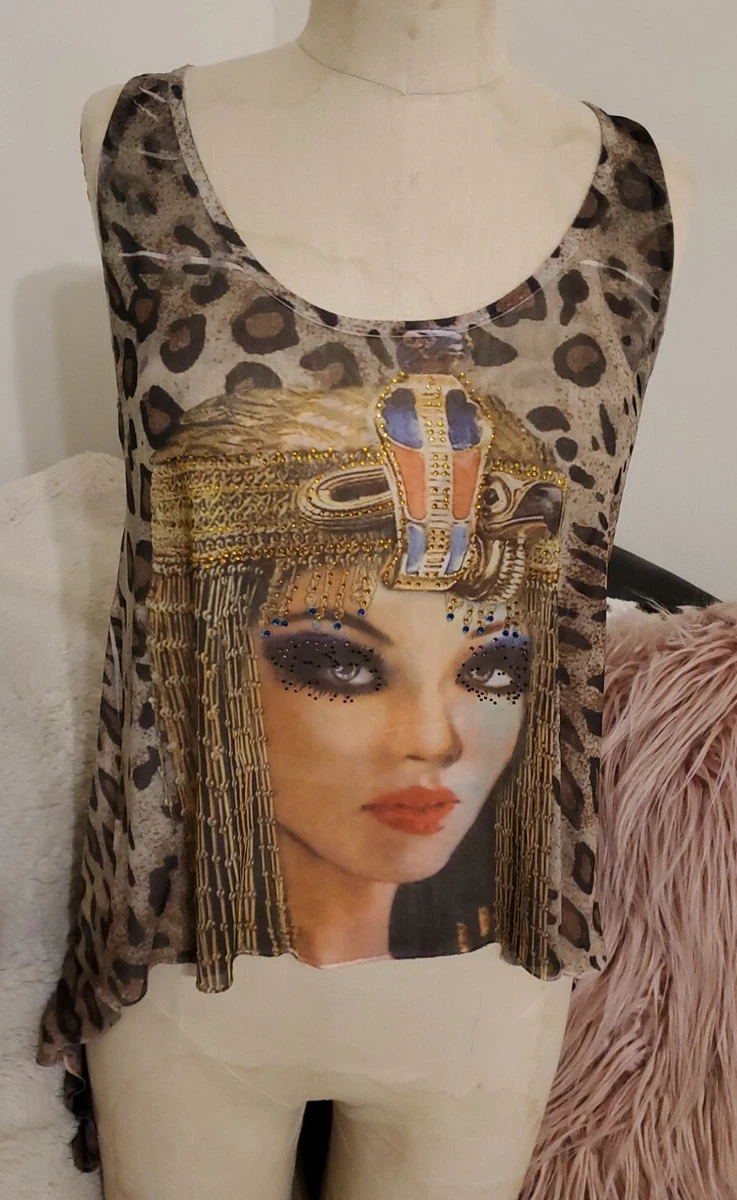 Vintage 90s Y2K Rave Mesh Cleopatra Portrait Stretch Shirt Sz