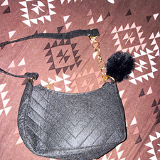 Women’s Grey Small Felt Quilted Crescent Shoulder Bag Zip, Pom Pom Charm