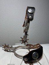 Vintage Child's Metal Spurs Leather Chain Straps Silvertone Horse Badge