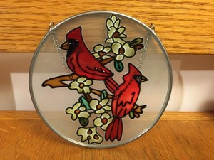 Decorative Small Stained Glass Suncatcher Red Cardinals Collectible Window Decor