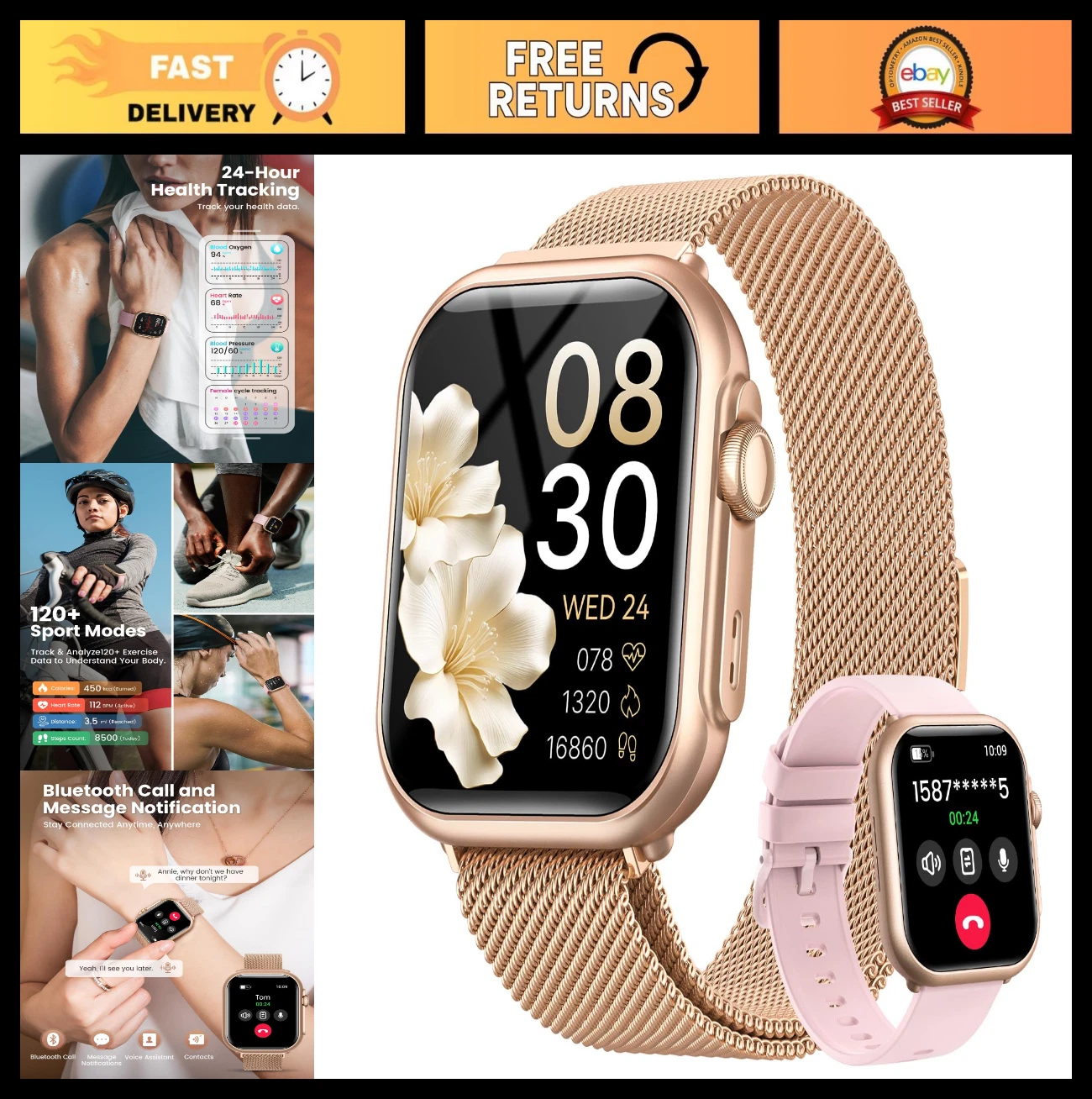 Stylish Smart Watch for Women - 1.85" Touchscreen, Call & Health Monitor, IP68,