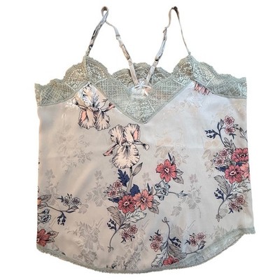 Y2K 90s Willow & Root Floral Lace Trim Camisole Top Sage Green Pink Satin  L