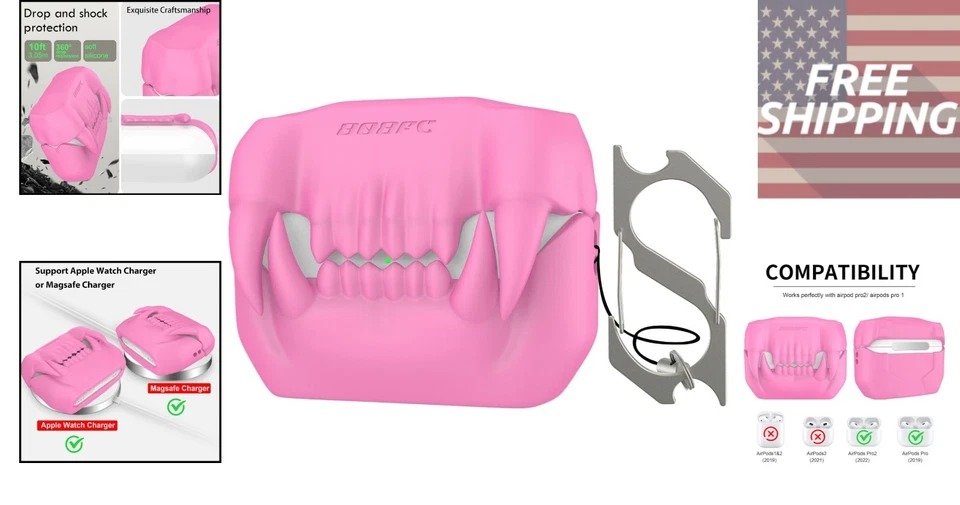 3D Tiger Tooth Protective Case for AirPods Pro 2 in Vibrant Pink - Stylish & Fun - Image 2 of 4