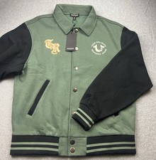 True Religion Collared Patch Fleece Varsity Jacket-Bottle Green/Jet Black Size M