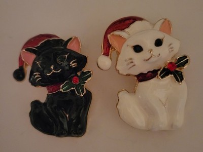Gorgeous Rhinestone Cute Black White Cat Brooch Pin Lot CA USA E505