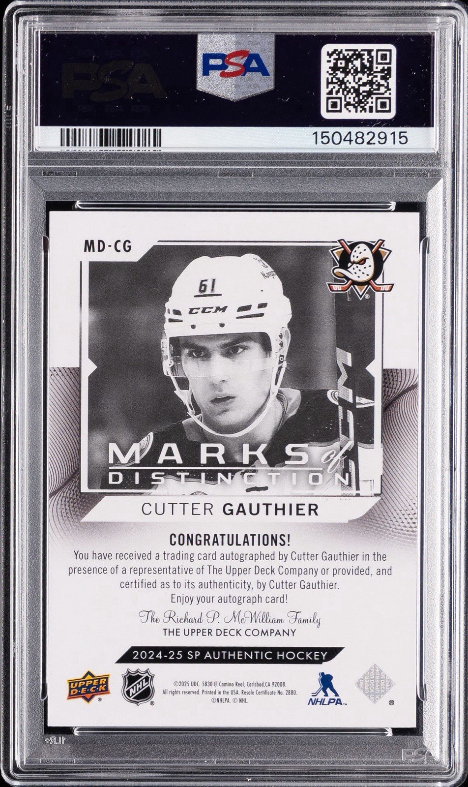 2024-25 Sp Authentic Cutter Gauthier Marks of Distinction Auto PSA 10 RC AU SSP view 2