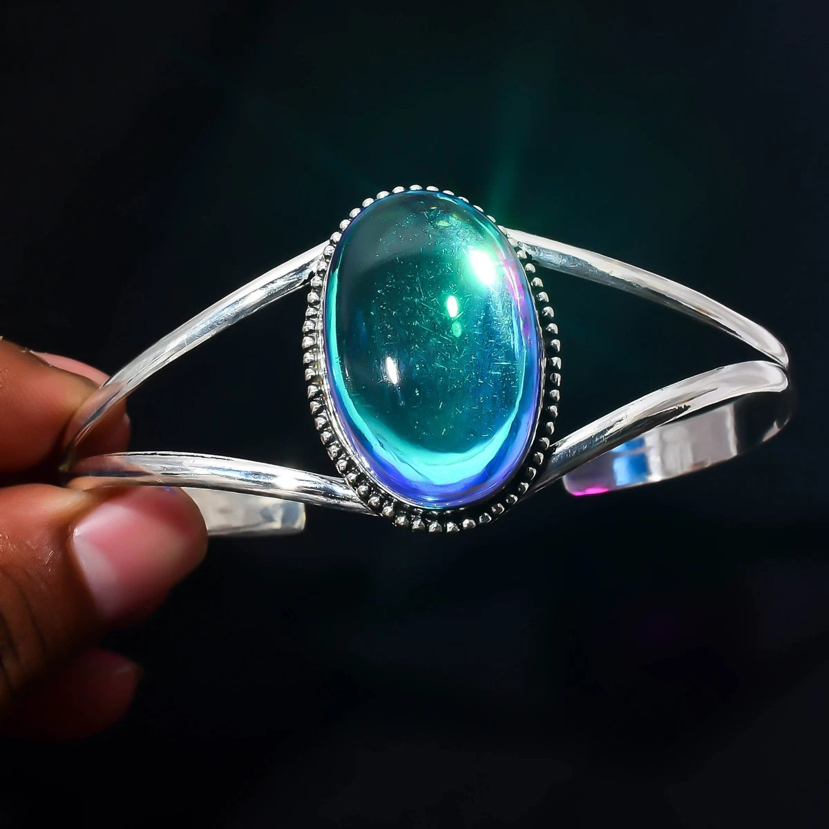 Opalite Gemstone 925 Sterling Silver Handmade Bangle Jewelry Gift For Love