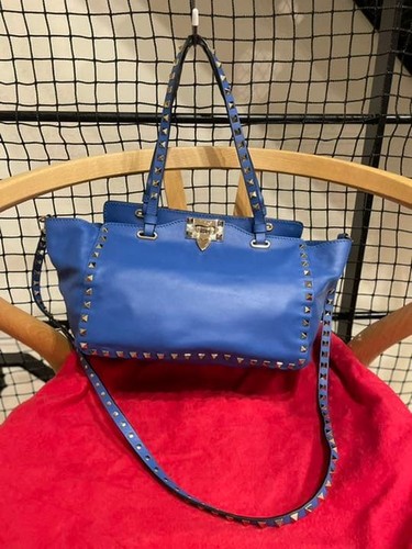 VALENTINO GARAVANI Women Rockstud 2Way Shoulder Hand Bag Leather Blue Gold