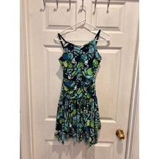 VTG 90's Y2K IZ Byer Floral Ruched Handkerchief Hem Dress Blue Green Fairy M