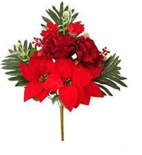 Artificial Christmas Velvet Poinsettias Rose Red Flower Bouquet for Xmas Decor