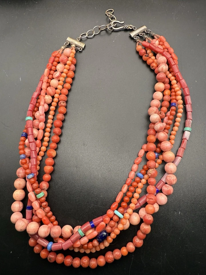 Collar M. Salazar 6 Hilos Multi Piedra Esterlina .925 Coral Turquesa Lapislázuli K2 Foto 4 de 4