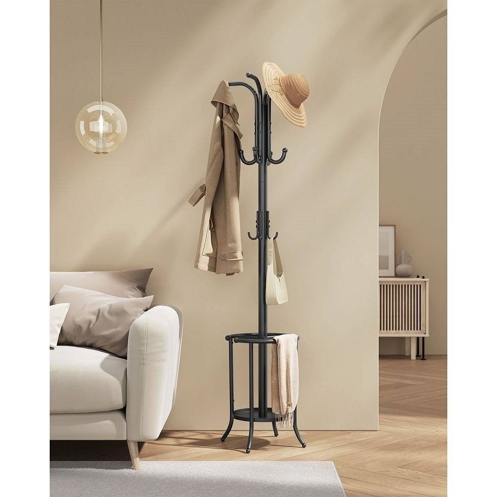 Black Metal Coat Rack with Umbrella Holder - Heavy Duty Hallway Organizer