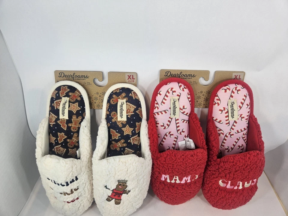 Juego de zapatillas para mujer Dearfoams Mama Claus & Cookie Tester XL 11/12 felpa navideña Foto 2 de 4