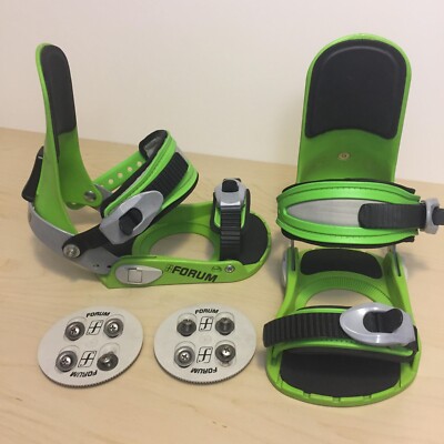 Vintage FORUM Snowboard Bindings size S-M Green Discs+Hardware Great Condition!