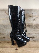 KNEE HIGH PATENT LEATHER lace up PLATFORM CHUNKY HEEL BOOTS WOMENS SZ 7