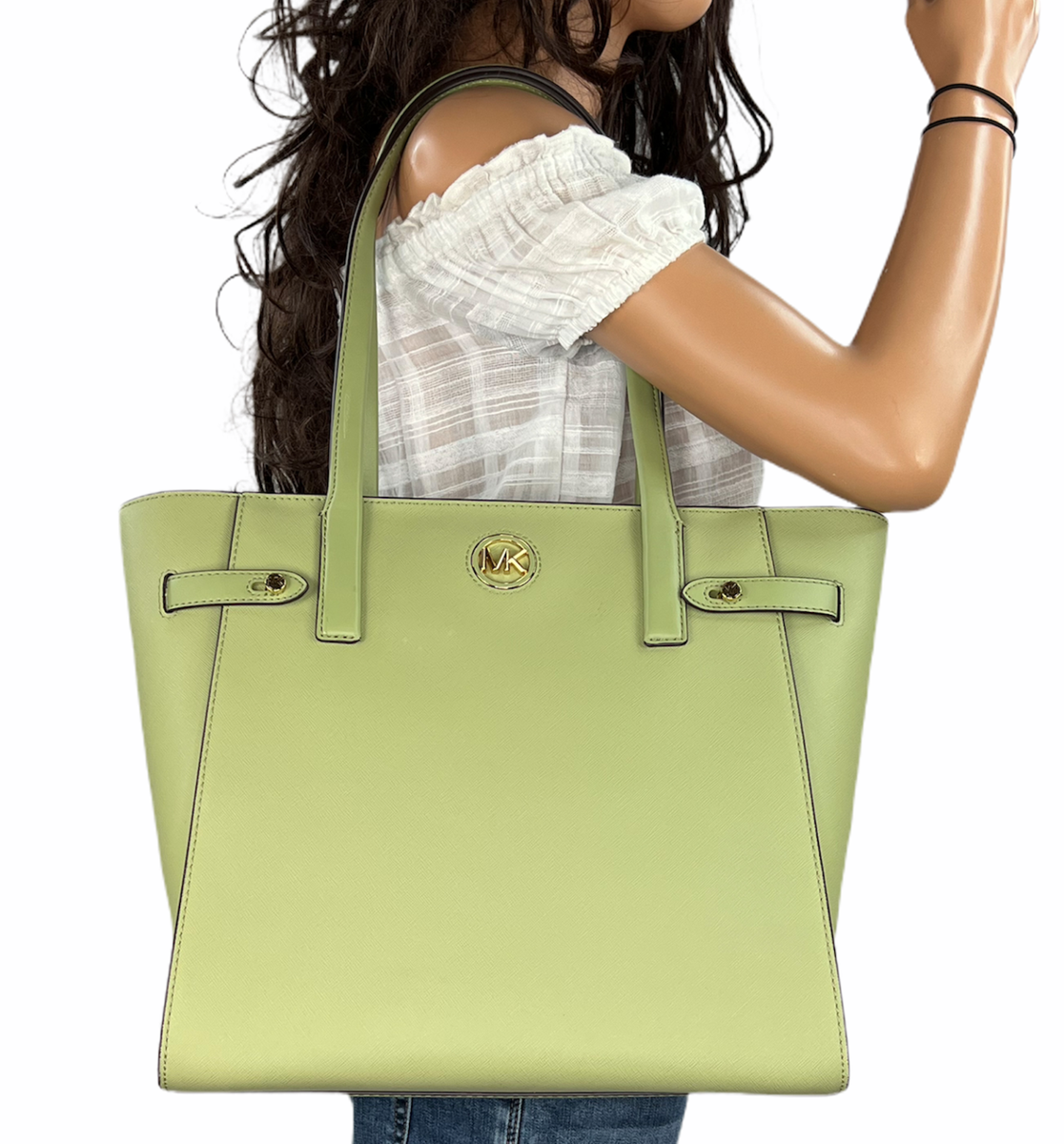 MICHAEL KORS CARMEN LARGE LEATHER NS TOTE SHOULDER BAG GREEN LIGHT 