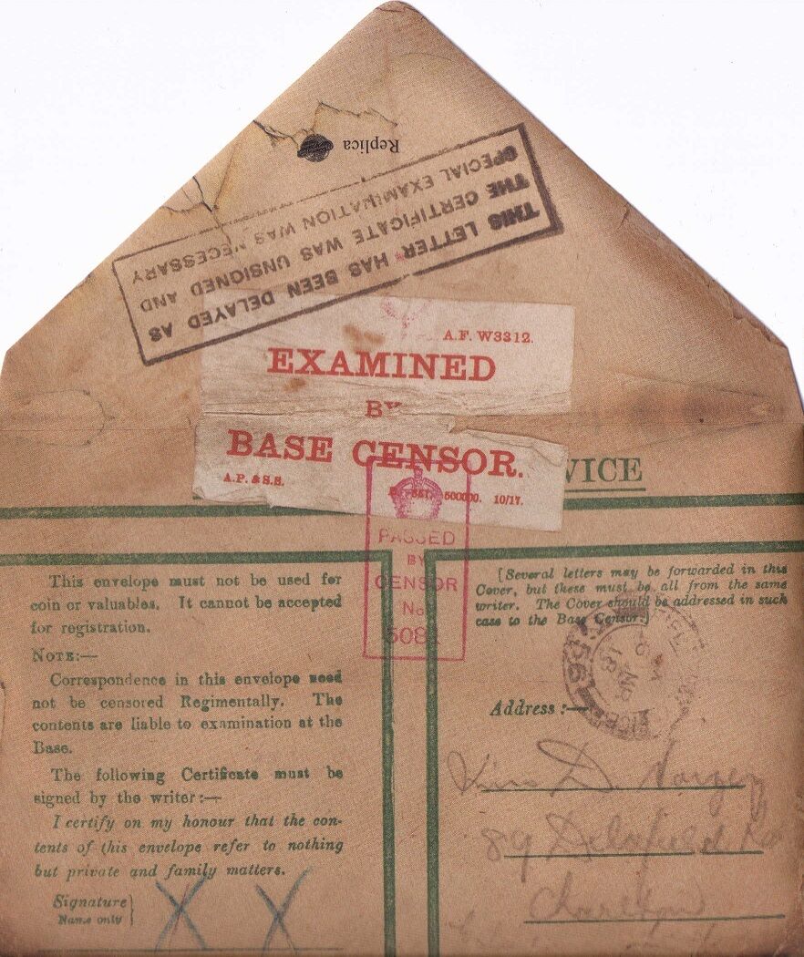 World War I Hand Written Soldiers Letter Home + Envelope 1914-1918 The Great War