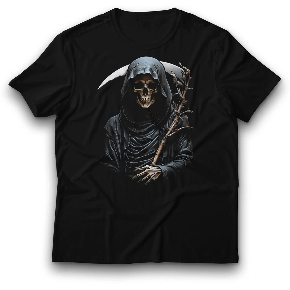 Schwarzes T-Shirt Gothic Sensenmann mit Sense - Unisex Streetwear Dark Art - Bild 3 von 4